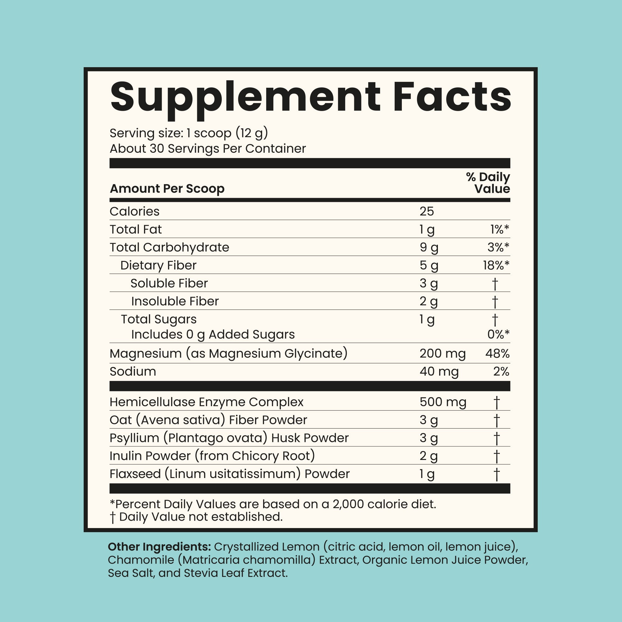 Supplements facts. Serving size: 1 scoop (12g). About 30 servings per container.